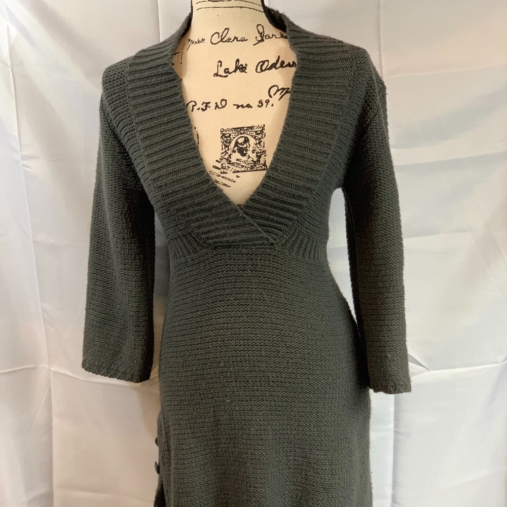 Tulle 3/4 Sleeve Split Side V-neck Wool Dress
